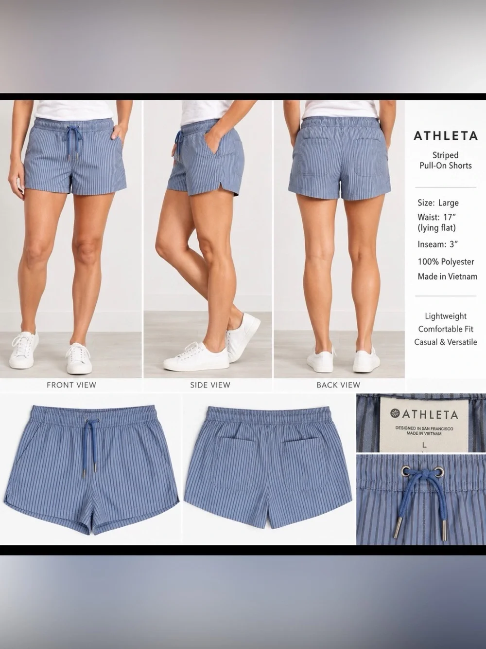Athleta Striped Pull-On Shorts Large Blue Gray Drawstring 3” Inseam